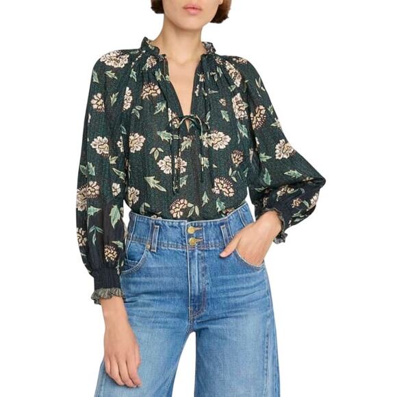 Ulla Johnson Kaitlyn Split-Neck Printed Crepe Blouse Size 10 Green Floral Fall - Picture 1 of 7